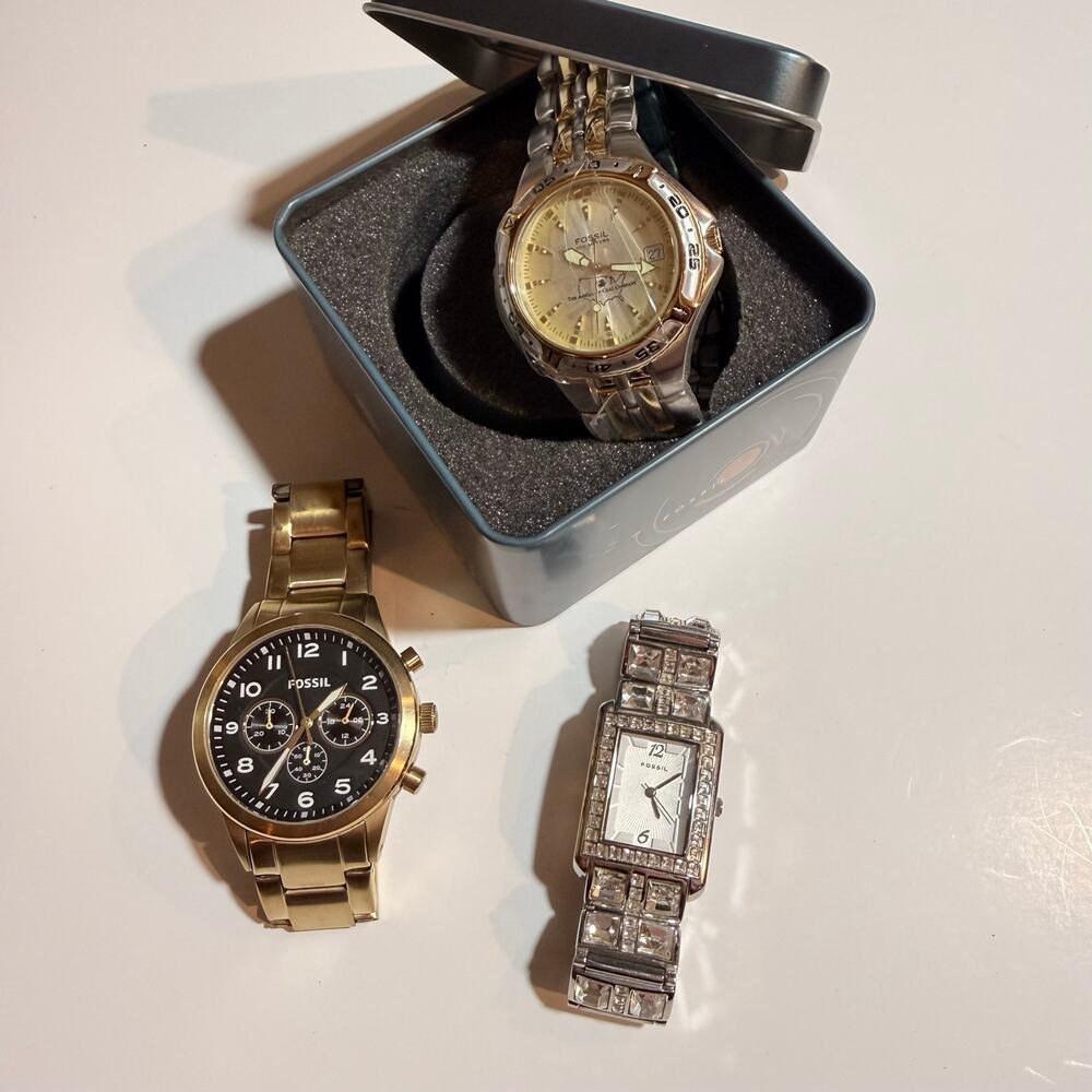Fossil Set of 3 Flynn Pilot Chronograph Gold And Faux Diamond Watches Untested